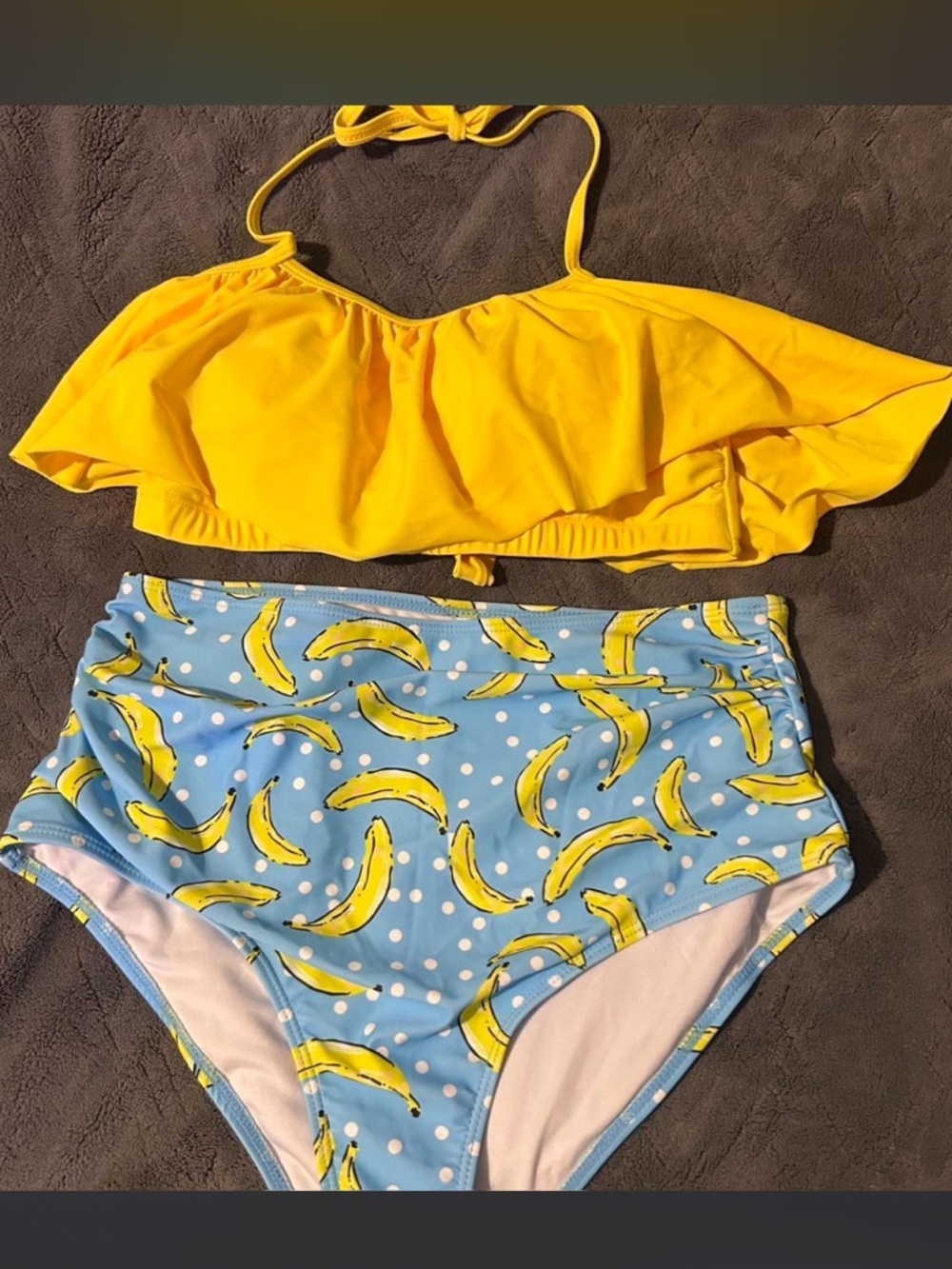 Yellow Ruffle Bikini Top with Blue Banana-Print High-Waist Bottoms